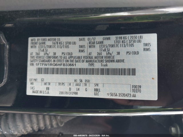 Aukcja sprzedaży 2017 Ford F-150 Raptor, vin: 1FTFW1RG6HFB33661, numer aukcji: 44930670