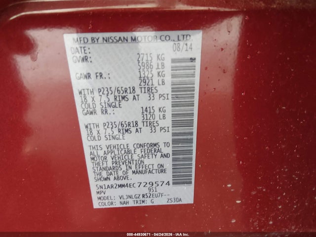 2014 Nissan Pathfinder Sl მანქანა იყიდება აუქციონზე, vin: 5N1AR2MM4EC729574, აუქციონის ნომერი: 44930671