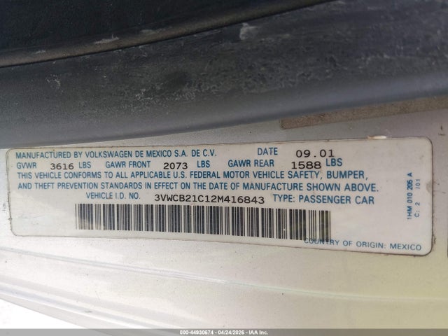 Aukcja sprzedaży 2002 Volkswagen New Beetle Gls, vin: 3VWCB21C12M416843, numer aukcji: 44930674
