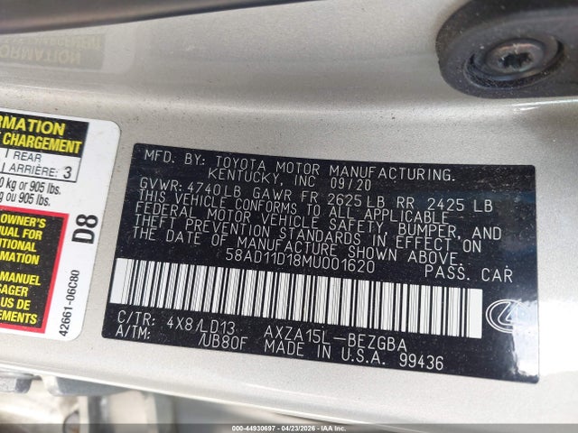 Продажа на аукционе авто 2021 Lexus Es 250, vin: 58AD11D18MU001620, номер лота: 44930697