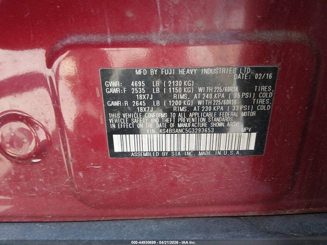 Продаж на аукціоні авто 2016 Subaru Outback 2.5i Limited, vin: 4S4BSANC5G3293653, номер лоту: 44930699