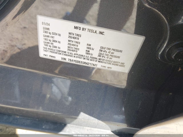 Продажа на аукционе авто 2024 Tesla Model Y Long Range Dual Motor All-wheel Drive, vin: 7SAYGDEE5RA217441, номер лота: 44930714