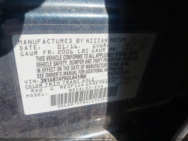 Aukcja sprzedaży 2016 Nissan Sentra Fe+ S/s/sl/sr/sv, vin: 3N1AB7AP8GL641366, numer aukcji: 44930723