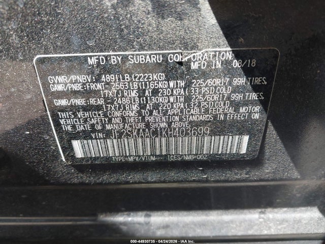 Aukcja sprzedaży 2019 Subaru Forester, vin: JF2SKAAC1KH403699, numer aukcji: 44930735