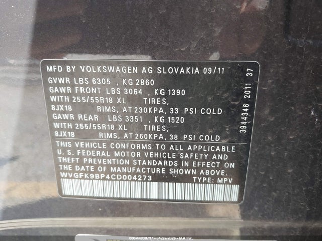 Aukcja sprzedaży 2012 Volkswagen Touareg Tdi Sport, vin: WVGFK9BP4CD004273, numer aukcji: 44930737