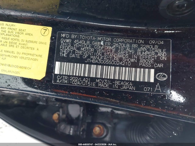 Auction sale of the 2005 Lexus Es 330, vin: JTHBA30G550024210, lot number: 44930747