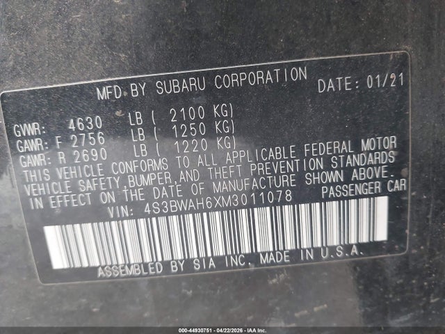 Aukcja sprzedaży 2021 Subaru Legacy Sport, vin: 4S3BWAH6XM3011078, numer aukcji: 44930751