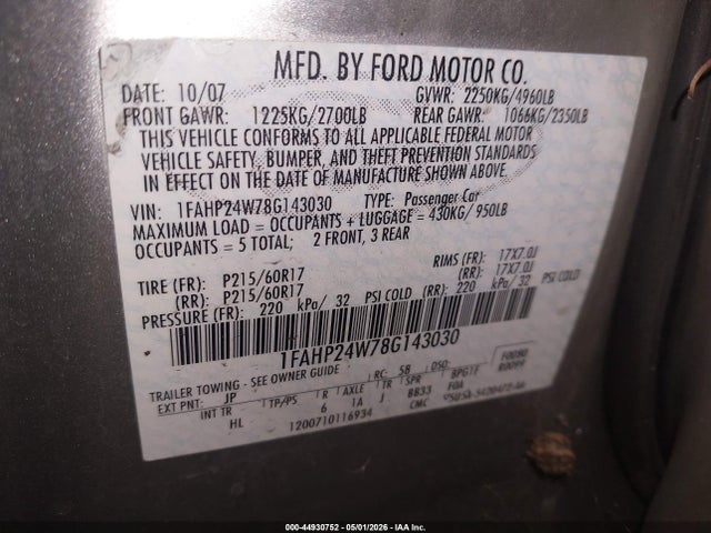 Aukcja sprzedaży 2008 Ford Taurus, vin: 1FAH024W78G143030, numer aukcji: 44930752