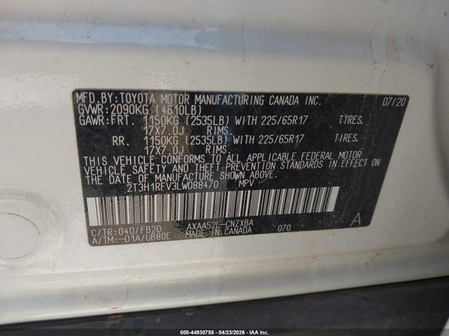 Auction sale of the 2020 Toyota Rav4 Le, vin: 2T3H1RFV3LW088470, lot number: 44930758