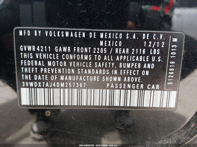 Aukcja sprzedaży 2013 Volkswagen Jetta 2.5l Se, vin: 3VWDX7AJ4DM257367, numer aukcji: 44930768