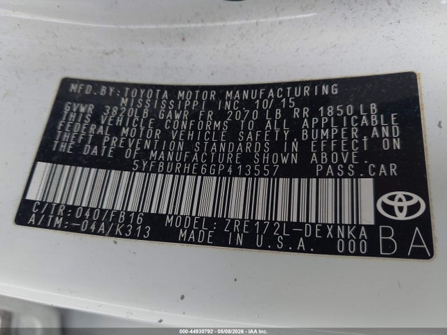 Aukcja sprzedaży 2016 Toyota Corolla Le, vin: 5YFBURHE6GP413557, numer aukcji: 44930792