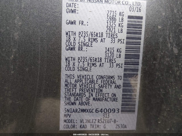 Aukcja sprzedaży 2016 Nissan Pathfinder Platinum/s/sl/sv, vin: 5N1AR2MMXGC640093, numer aukcji: 44930828