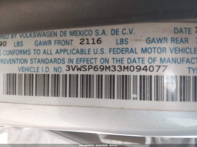 Продаж на аукціоні авто 2003 Volkswagen Jetta Gls Tdi, vin: 3VWSP69M33M094077, номер лоту: 44930832