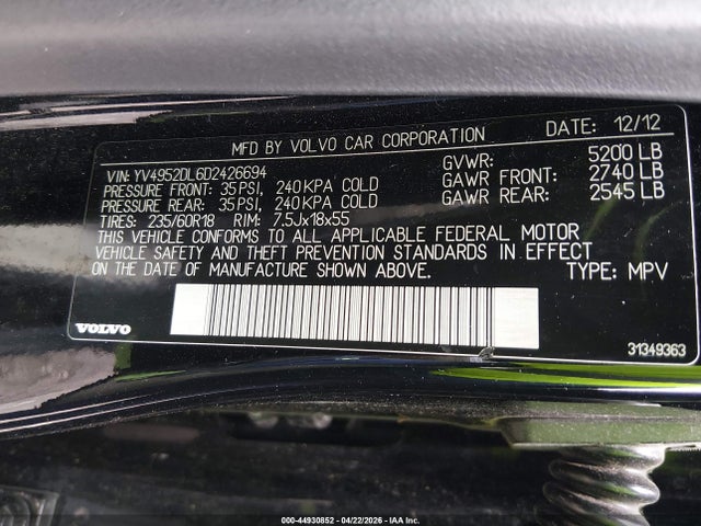 2013 Volvo Xc60 3.2 მანქანა იყიდება აუქციონზე, vin: YV4952DL6D2426694, აუქციონის ნომერი: 44930852
