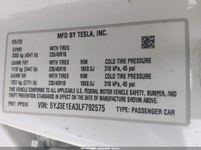 Aukcja sprzedaży 2020 Tesla Model 3 Standard Range Plus Rear-wheel Drive/standard Range Rear-wheel Drive, vin: 5YJ3E1EA3LF792575, numer aukcji: 44930865