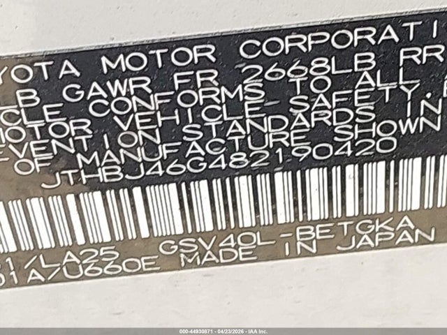 Продажа на аукционе авто 2008 Lexus Es 350, vin: JTHBJ46G482190420, номер лота: 44930871