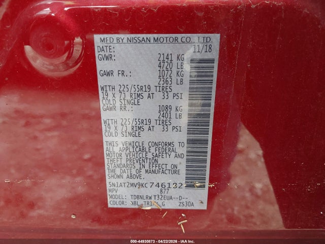 Продажа на аукционе авто 2019 Nissan Rogue Sl, vin: 5N1AT2MV9KC746182, номер лота: 44930873