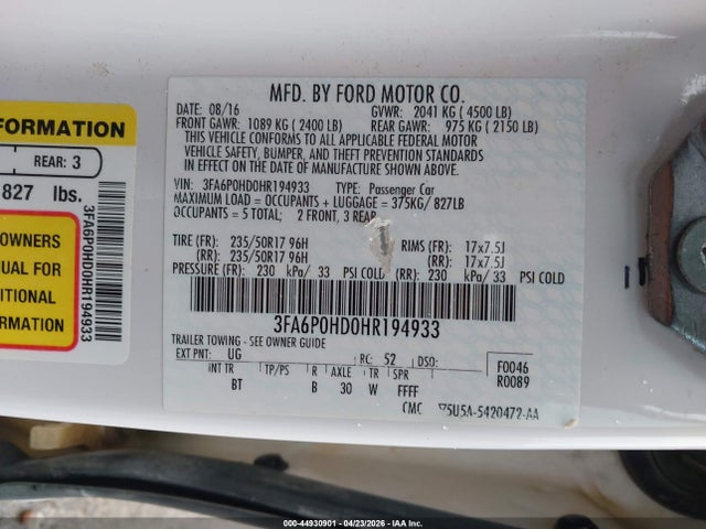 Продажа на аукционе авто 2017 Ford Fusion Se, vin: 3FA6P0HD0HR194933, номер лота: 44930901