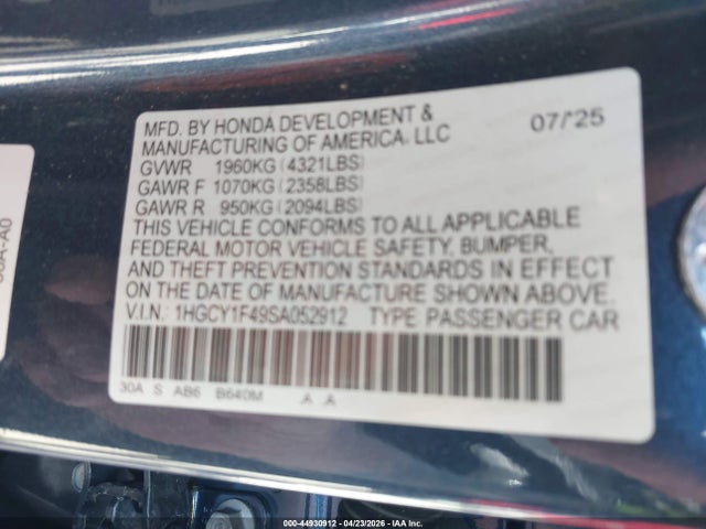 44930912 :رقم المزاد ، 1HGCY1F49SA052912 vin ، 2025 Honda Accord Se مزاد بيع