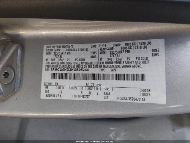 Aukcja sprzedaży 2019 Ford Escape Sel, vin: 1FMCU0HD3KUB05244, numer aukcji: 44930913
