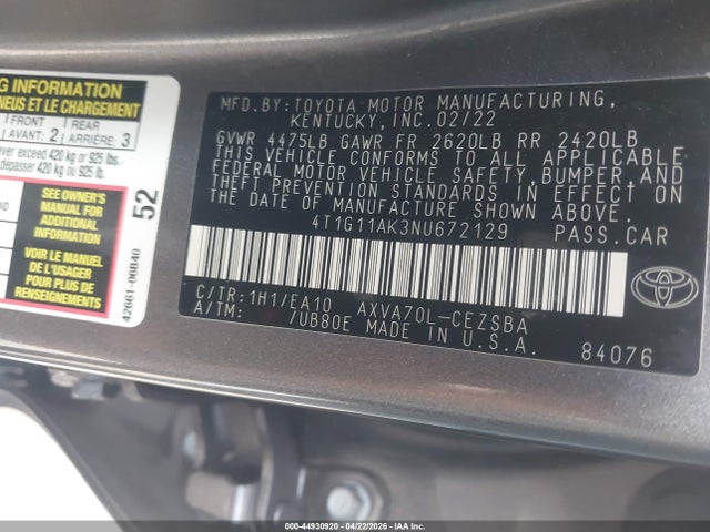 44930920 :رقم المزاد ، 4T1G11AK3NU672129 vin ، 2022 Toyota Camry Se مزاد بيع
