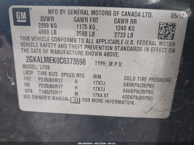 44930934 :رقم المزاد ، 2GKALMEK0C6373598 vin ، 2012 Gmc Terrain Sle-1 مزاد بيع