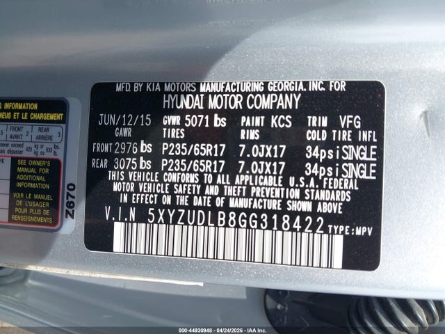 Aukcja sprzedaży 2016 Hyundai Santa Fe Sport 2.4l, vin: 5XYZUDLB8GG318422, numer aukcji: 44930948