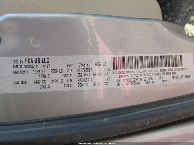 44930951 :رقم المزاد ، 2C4RDGCG2HR749123 vin ، 2017 Dodge Grand Caravan Sxt مزاد بيع