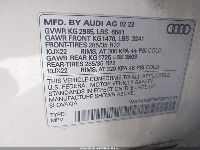 44930958 :رقم المزاد ، WA1VXBF76PD013141 vin ، 2023 Audi Q7 Prestige 55 Tfsi Quattro Tiptronic مزاد بيع