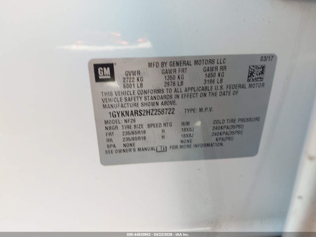 Aukcja sprzedaży 2017 Cadillac Xt5 Standard, vin: 1GYKNARS2HZ258722, numer aukcji: 44930962