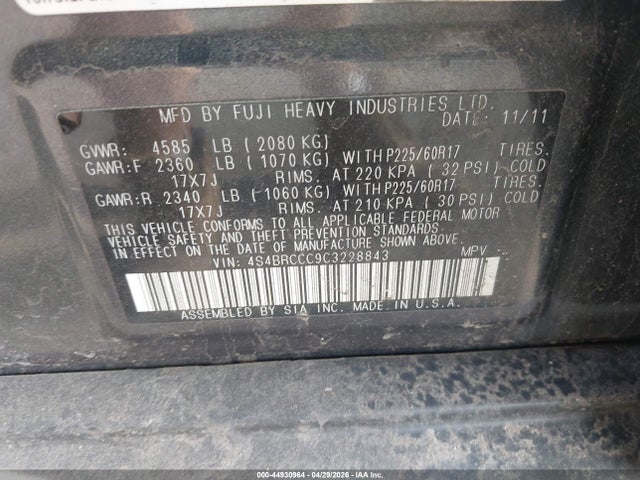 2012 Subaru Outback 2.5i Premium მანქანა იყიდება აუქციონზე, vin: 4S4BRCCC9C3228843, აუქციონის ნომერი: 44930964