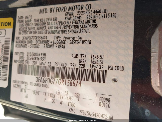 Aukcja sprzedaży 2016 Ford Fusion S, vin: 3FA6P0G77GR156674, numer aukcji: 44930971