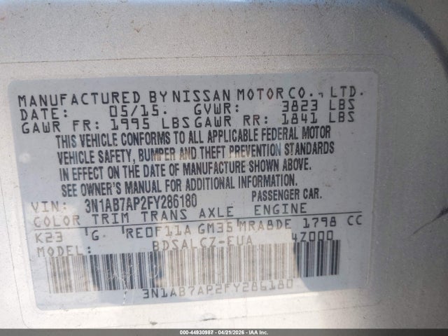 3N1AB7AP2FY286180 Nissan SENTRA S