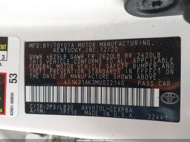 Продажа на аукционе авто 2021 Toyota Camry Xse Hybrid, vin: 4T1K31AK3MU022140, номер лота: 44930994