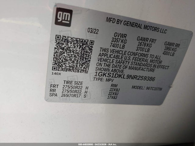 1GKS1DKL9NR259386 GMC Yukon 2wd Denali