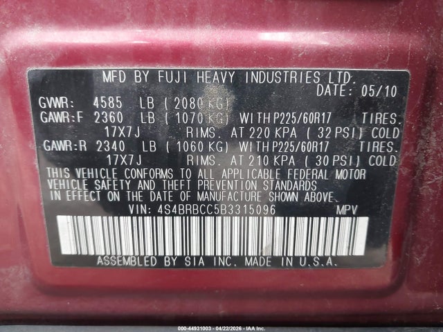 Aukcja sprzedaży 2011 Subaru Outback 2.5i Premium, vin: 4S4BRBCC5B3315096, numer aukcji: 44931003