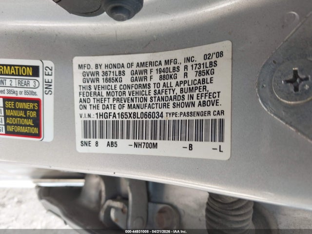 Продаж на аукціоні авто 2008 Honda Civic Lx, vin: 1HGFA165X8L066034, номер лоту: 44931008
