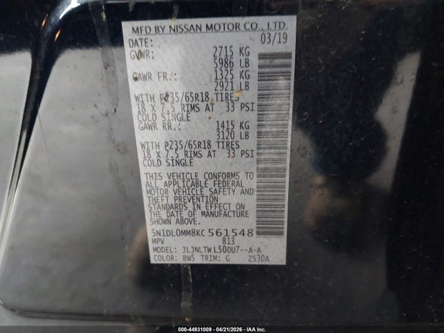 Продажа на аукционе авто 2019 Infiniti Qx60 Luxe, vin: 5N1DL0MM8KC561548, номер лота: 44931009