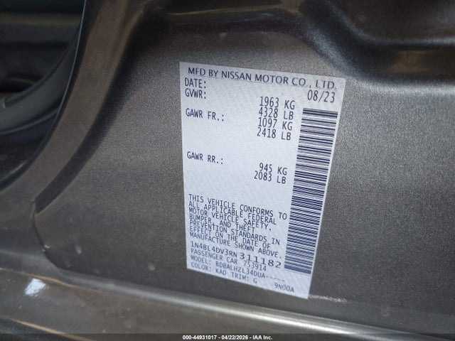 Продажа на аукционе авто 2024 Nissan Altima Sv Fwd, vin: 1N4BL4DV3RN311182, номер лота: 44931017