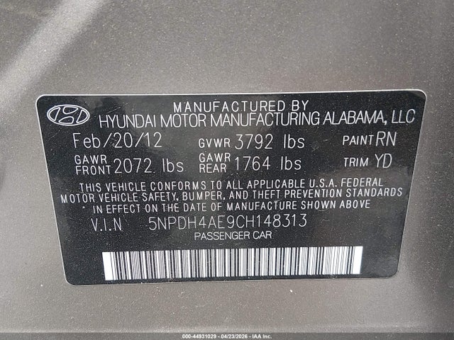 Aukcja sprzedaży 2012 Hyundai Elantra Gls, vin: 5NPDH4AE9CH148313, numer aukcji: 44931029