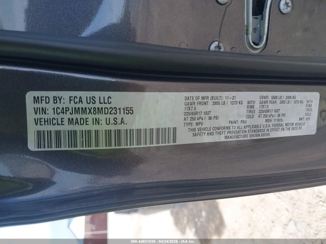 44931030 :رقم المزاد ، 1C4PJMMX8MD231155 vin ، 2021 Jeep Cherokee Latitude Lux 4x4 مزاد بيع