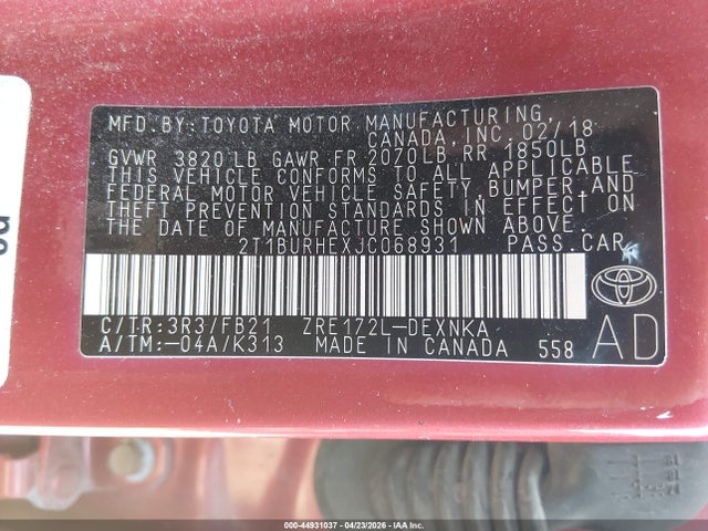 Aukcja sprzedaży 2018 Toyota Corolla Le, vin: 2T1BURHEXJC068931, numer aukcji: 44931037