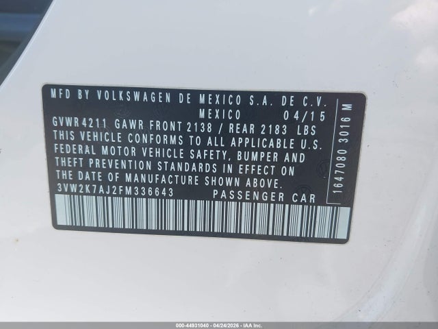 2015 Volkswagen Jetta 2.0l S მანქანა იყიდება აუქციონზე, vin: 3VW2K7AJ2FM336643, აუქციონის ნომერი: 44931040