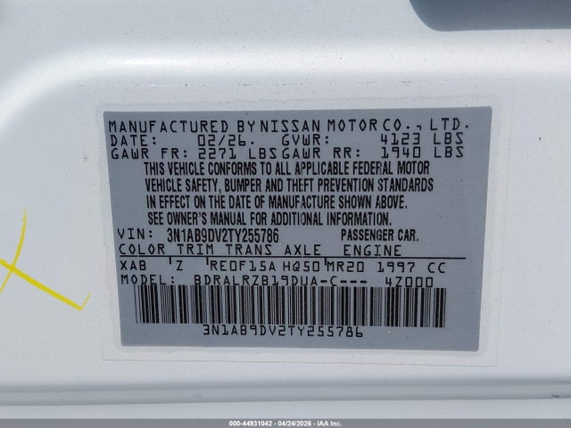 2026 Nissan Sentra Sr მანქანა იყიდება აუქციონზე, vin: 3N1AB9DV2TY255786, აუქციონის ნომერი: 44931042
