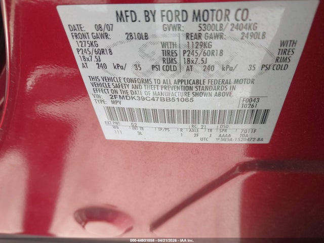 Продаж на аукціоні авто 2007 Ford Edge Sel Plus, vin: 2FMDK39C47BB51065, номер лоту: 44931058