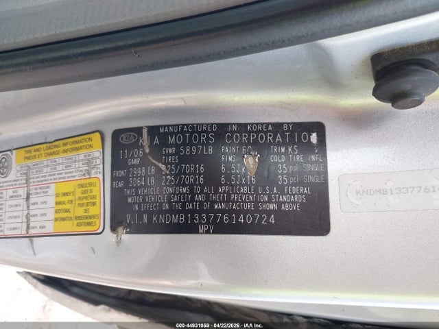 2007 Kia Sedona მანქანა იყიდება აუქციონზე, vin: KNDMB133776140724, აუქციონის ნომერი: 44931059