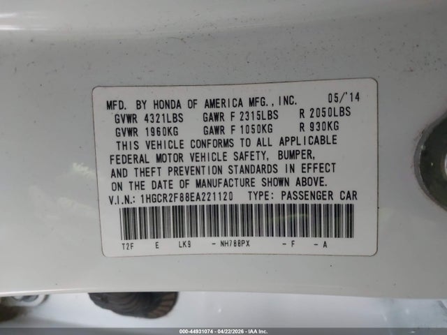 Продажа на аукционе авто 2014 Honda Accord Ex-l, vin: 1HGCR2F88EA221120, номер лота: 44931074