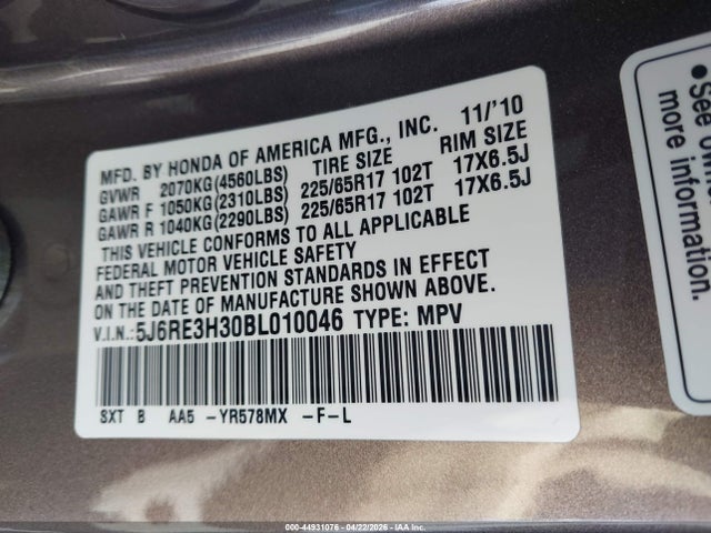 Продажа на аукционе авто 2011 Honda Cr-v Lx, vin: 5J6RE3H30BL010046, номер лота: 44931076
