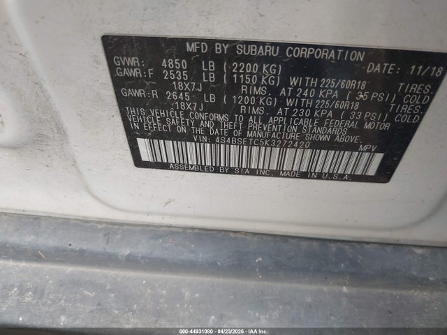 44931080 :رقم المزاد ، 4S4BSETC5K3272420 vin ، 2019 Subaru Outback 3.6r Touring مزاد بيع