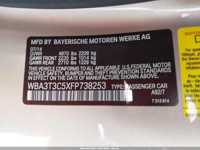 Aukcja sprzedaży 2015 Bmw 435i, vin: WBA3T3C5XFP738253, numer aukcji: 44931089